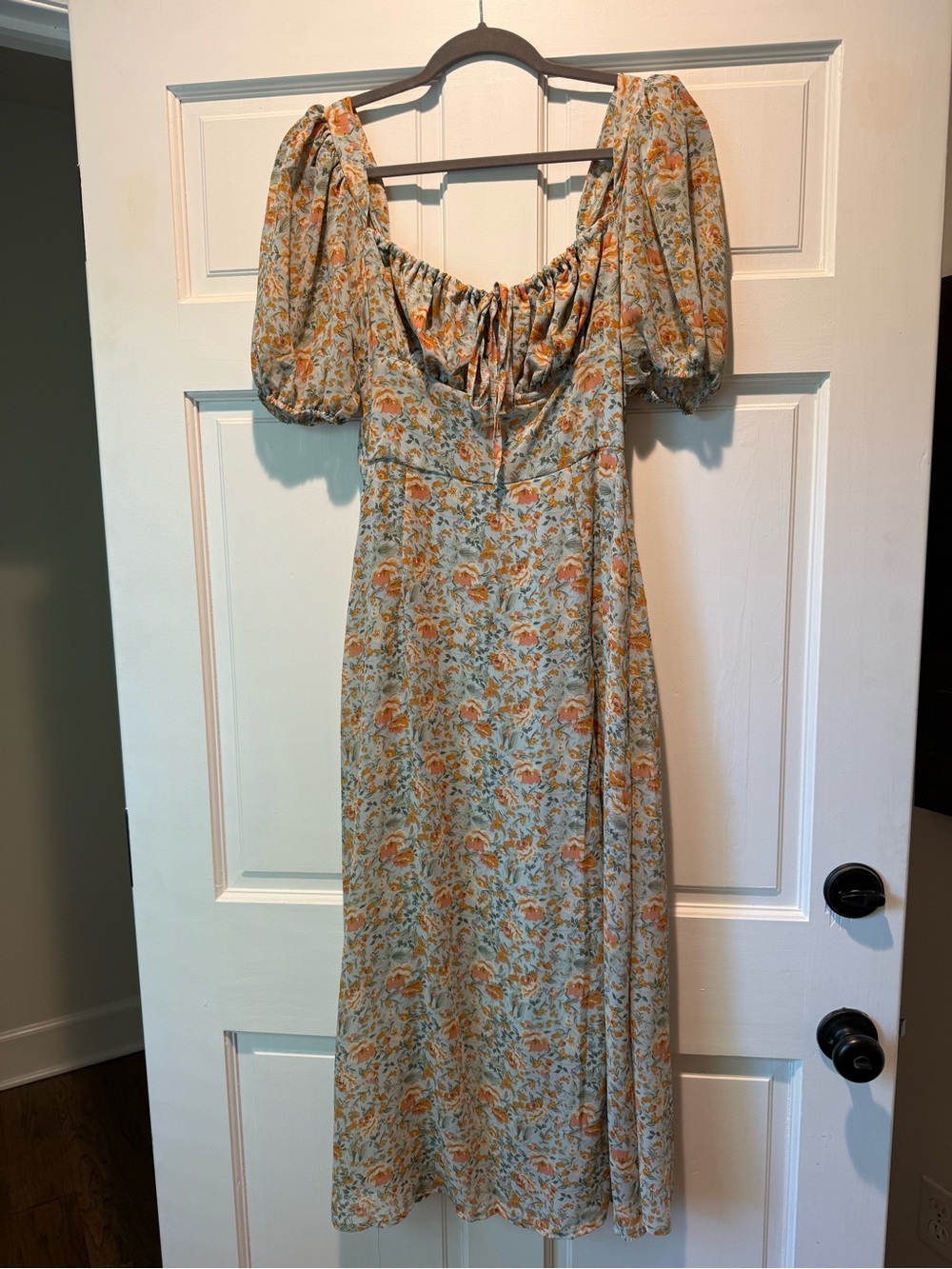 Petal & Pup Light Blue and Peach Floral Puff-Sleeve Midi Dress